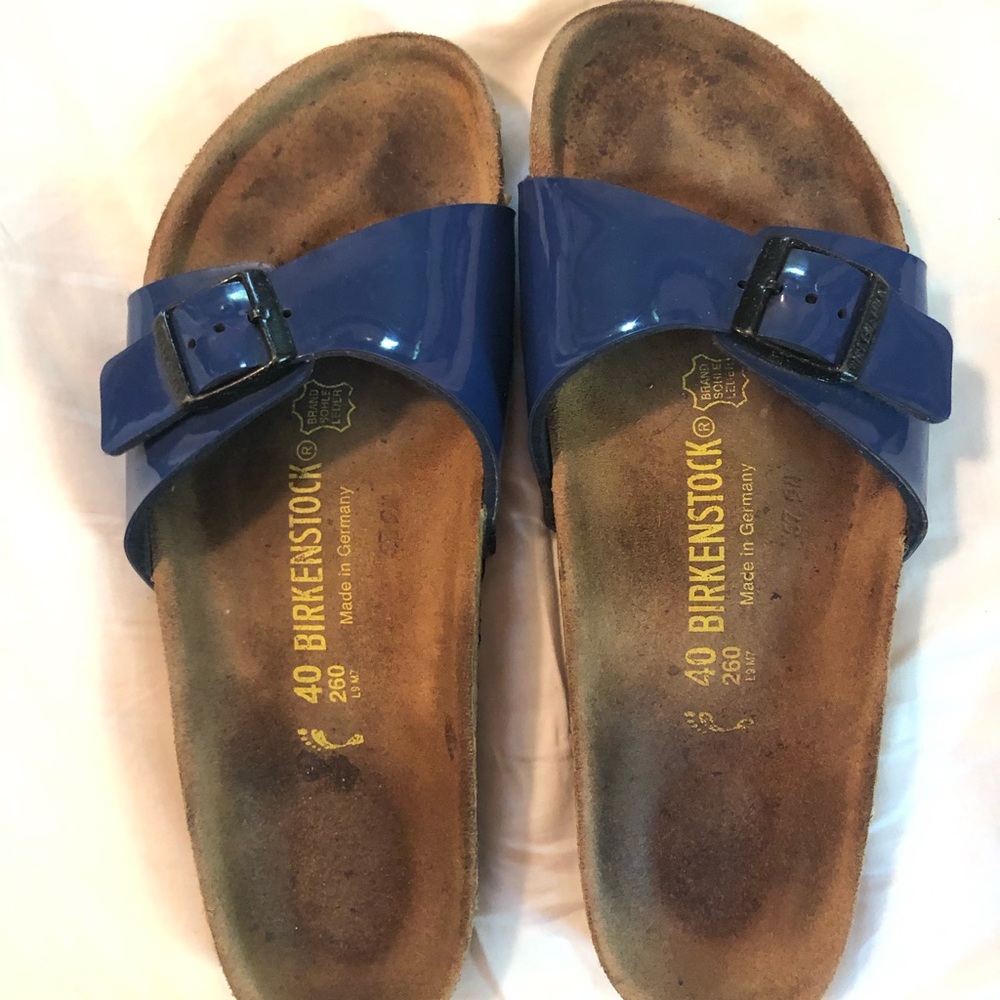 Birkenstock patent cobalt blue sandals
